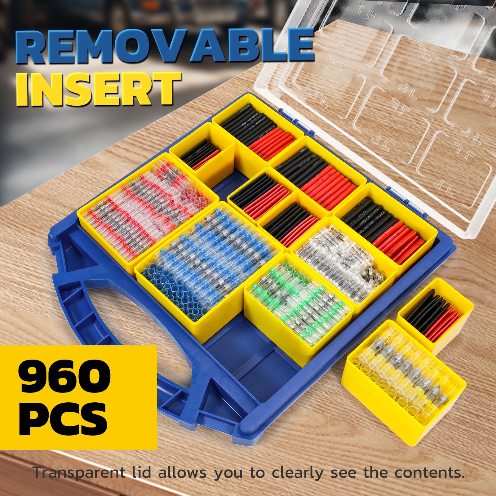 Portable organizer case of solder & seal kit packed with solder sleeves and shrink tubing compartments for electricians