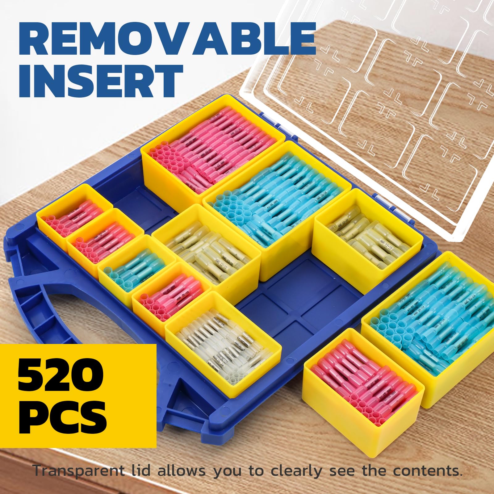 Portable case of color coded electrical connectors in removable bins for quick car, boat, trailer, and home wiring jobs.