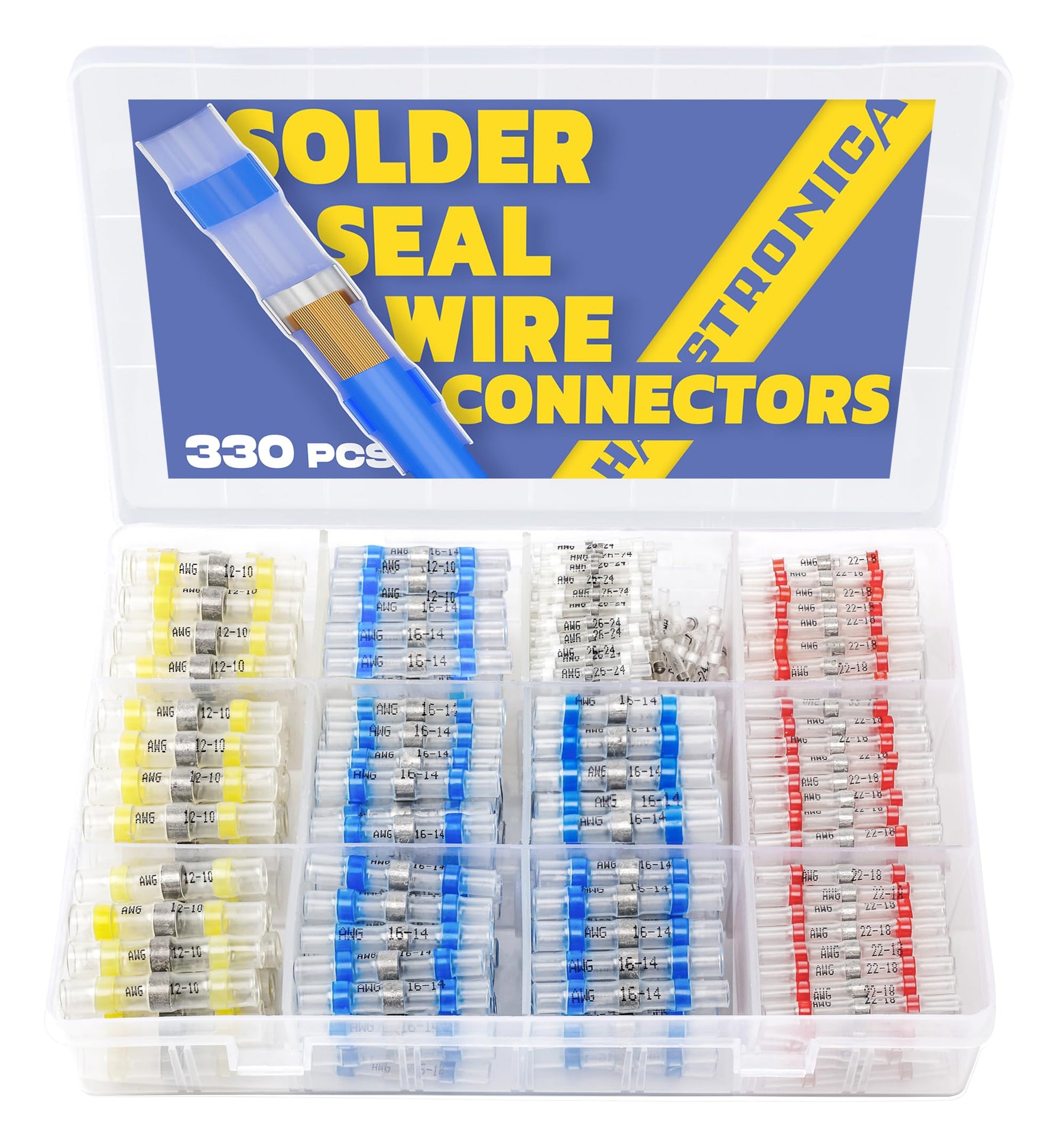 330PCS Solder Seal Wire Connectors-haisstronica Marine Grade - Heat Shrink Butt Connectors-Self Solder for Electrical,Stereo(30Yellow 80White 110Red 110Blue)