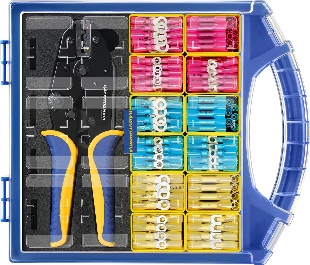 Haisstronica Lot de 380 connecteurs thermorétractables de qualité marine, calibre 22-10 AWG, épissure à fourche (3 couleurs/12 tailles), avec pinces à sertir de 22 cm et organiseur.