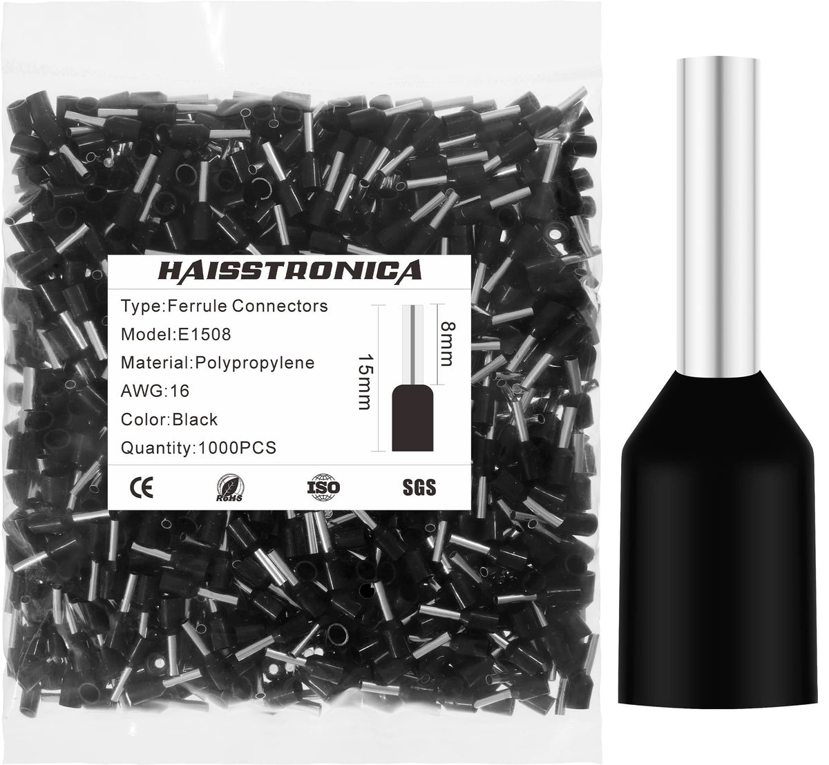 haisstronica 1000PCS Wire Ferrules Connectors,Black AWG16 Wire End Ferrule Terminals,Crimp Pin Cord End Terminals