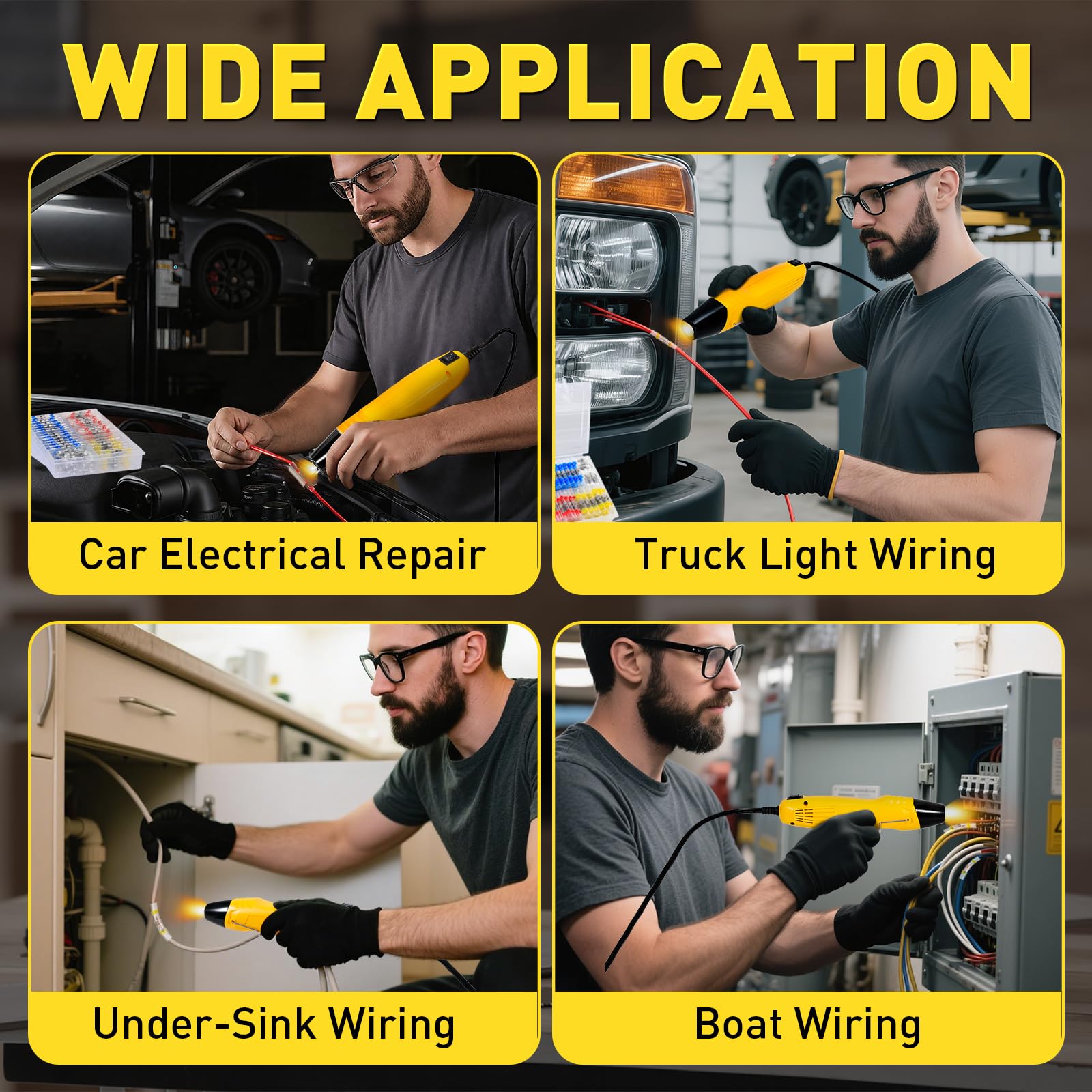 Solder stick heat gun kit layout with yellow mini gun surrounded by organized color-coded solder seal connectors in case