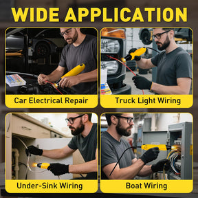 Solder stick heat gun kit layout with yellow mini gun surrounded by organized color-coded solder seal connectors in case