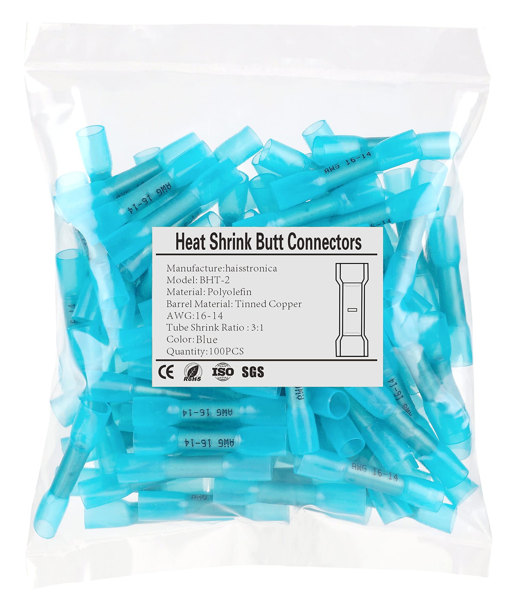 haisstronica 100PCS Blue Heat Shrink Butt Connectors AWG16-14,Marine Grade Waterproof Heat Shrink Wire Connectors,Tinned Red Copper 0.8mm,Insulated Crimp Butt Splice Electrical Connectors