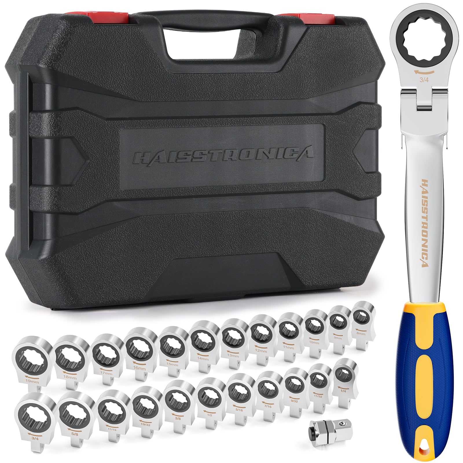 haisstronica 24 in 1 Interchangeable Heads Ratchet Wrench Set with 3/8 in Adapter, Metric & SAE 8-19mm and 1/4-3/4 inch Flex Head Combination Wrench Sets for Auto, Mechanic Tools for Men Gifts