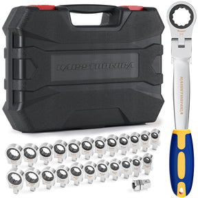 haisstronica 24 in 1 Interchangeable Heads Ratchet Wrench Set with 3/8 in Adapter, Metric & SAE 8-19mm and 1/4-3/4 inch Flex Head Combination Wrench Sets for Auto, Mechanic Tools for Men Gifts