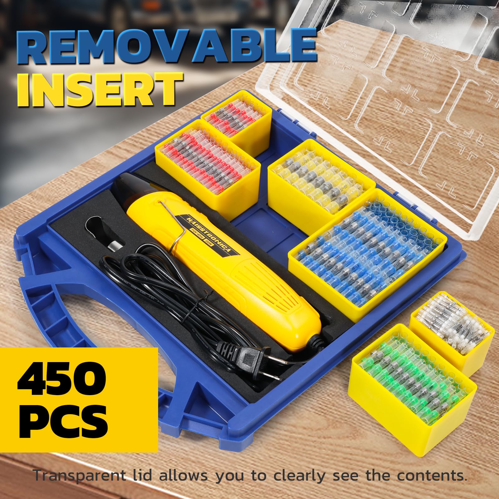 Heat gun for heat shrink connectors in blue organizer, removable trays keep solder sleeves sorted for wiring repairs
