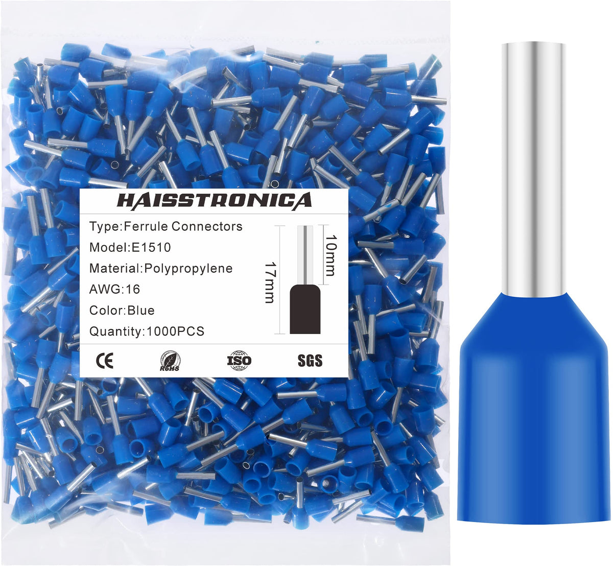 haisstronica 1000PCS Wire Ferrules Connectors,Blue AWG16 Wire End Ferrule Terminals,Crimp Pin Cord End Terminals