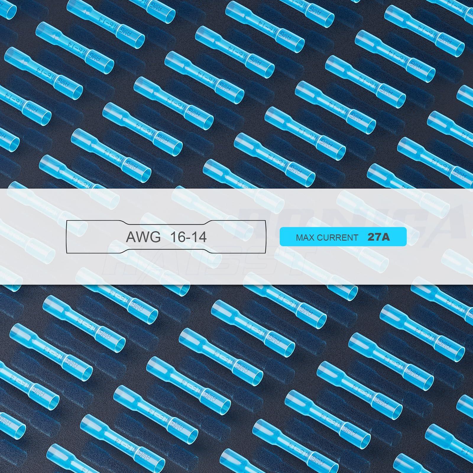 Haisstronica Lot de 100 connecteurs thermorétractables bleus AWG16-14, connecteurs de fils thermorétractables étanches de qualité marine, en cuivre rouge étamé 0,8 mm, connecteurs électriques isolés à sertir.