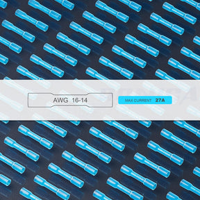 Haisstronica Lot de 100 connecteurs thermorétractables bleus AWG16-14, connecteurs de fils thermorétractables étanches de qualité marine, en cuivre rouge étamé 0,8 mm, connecteurs électriques isolés à sertir.