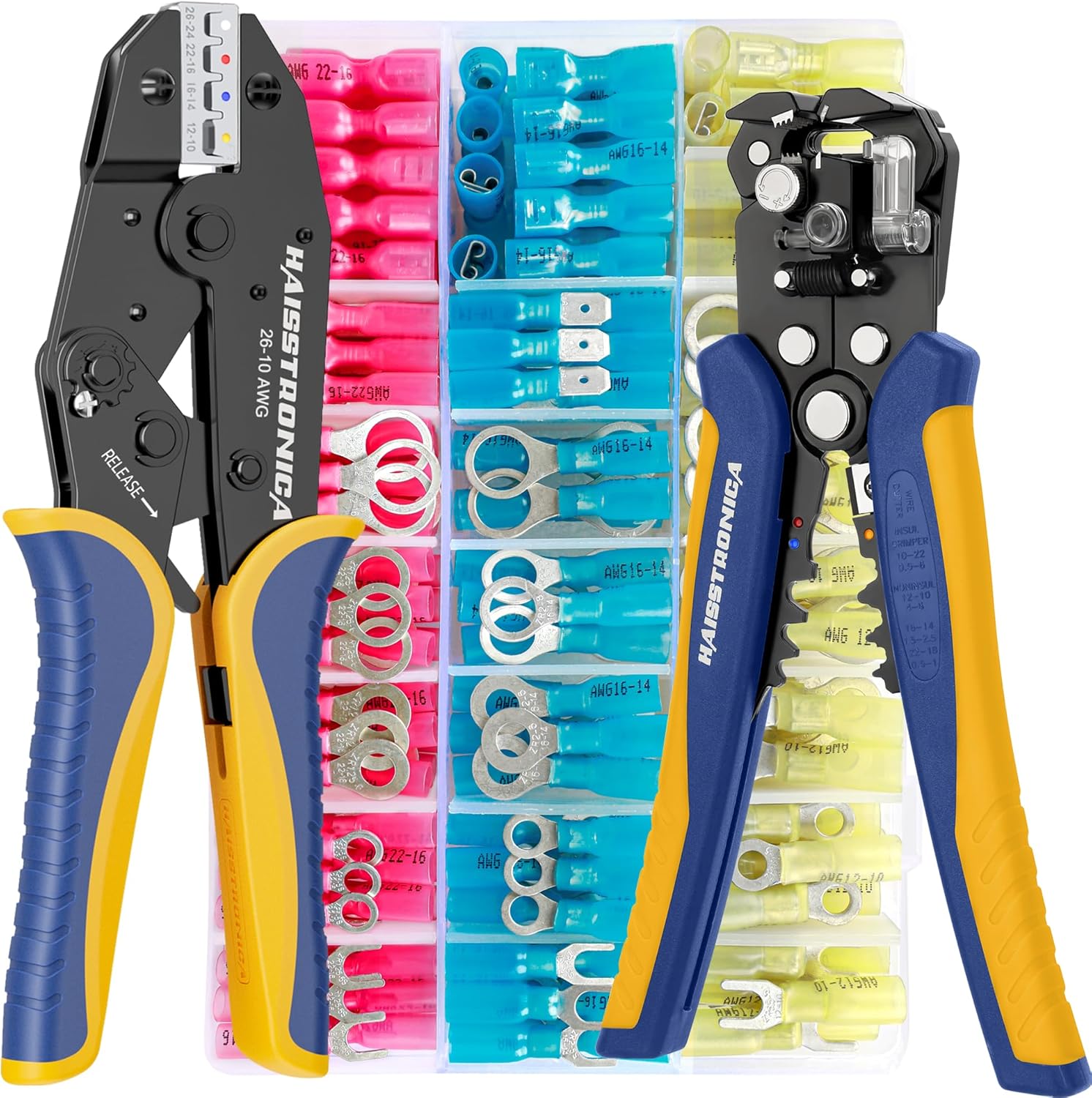 Haisstronica wire crimper, ratcheting mechanism, built-in stripper, professional electrical tool.
