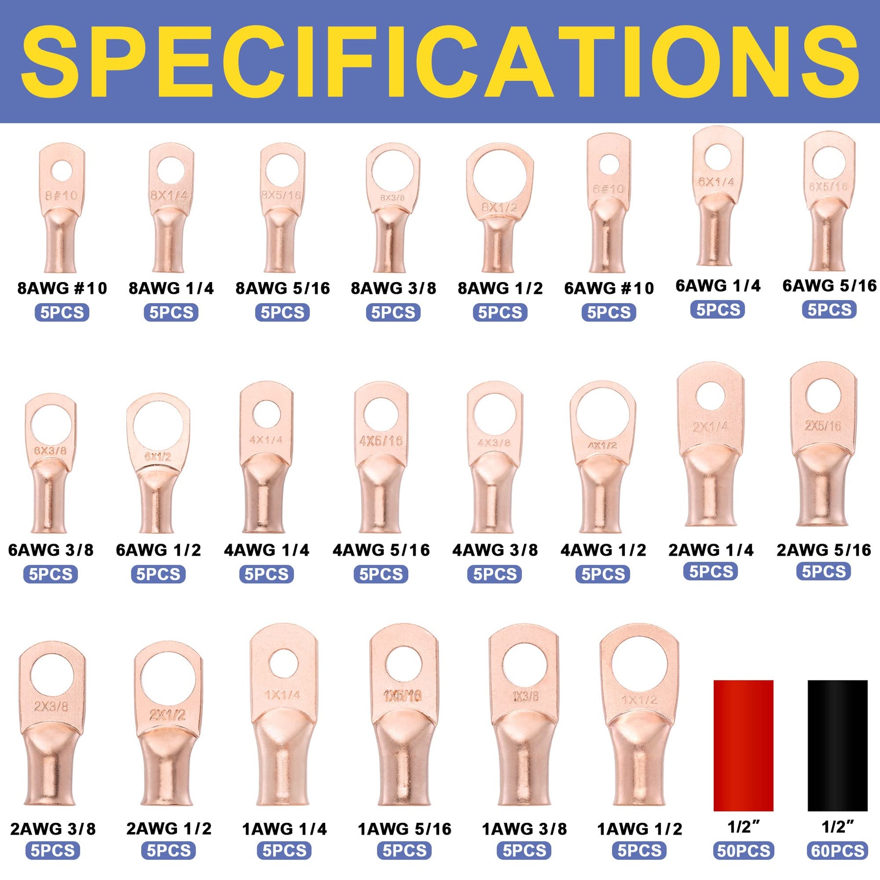 Kit d'embouts de câbles de batterie Haisstronica (220 pièces), 110 cosses à anneau en cuivre robuste (AWG 8, 6, 4, 2, 1), connecteurs à œillets pour câbles de batterie avec 110 gaines thermorétractables 3:1.