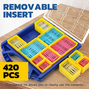 Organizer filled with heat shrink but splice connectors in yellow, blue, red, and white trays for tidy electrical work.