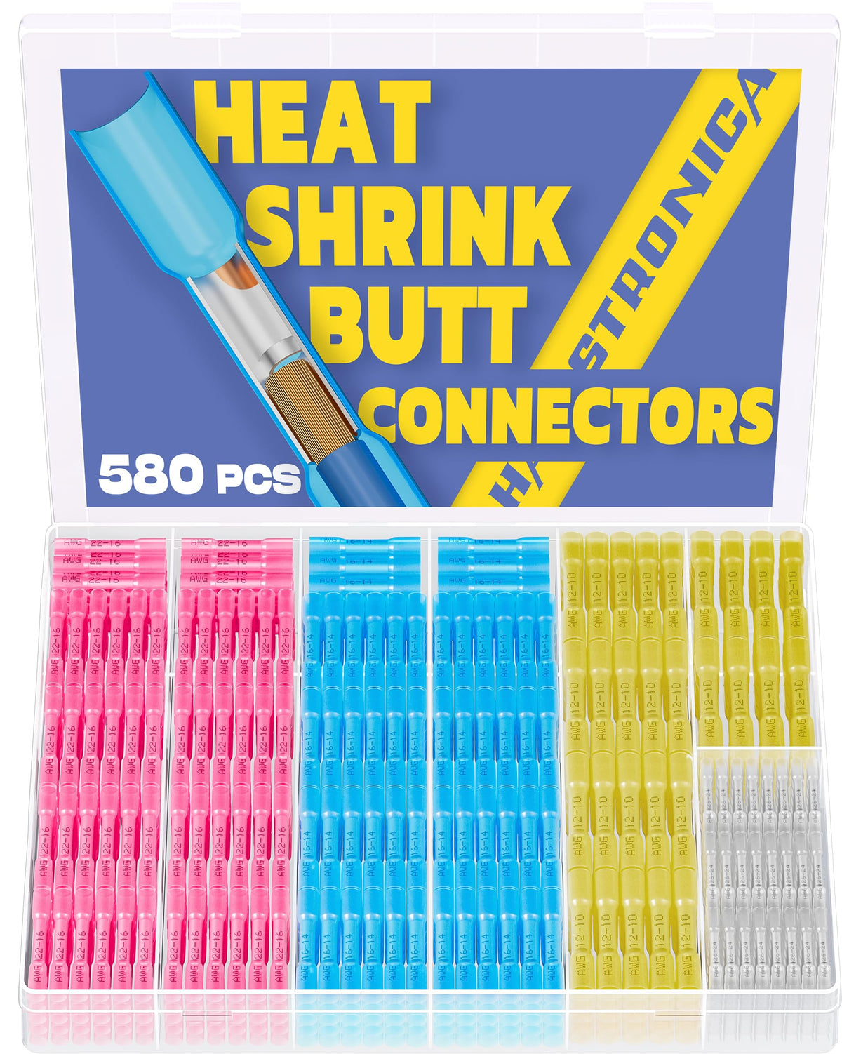 haisstronica 580PCS Heat Shrink Butt Connectors, AWG 26-10 Marine Grade Heat Shrink Wire Connectors,Tinned Red Copper Waterproof Wire Connectors(4Colors/4Sizes)