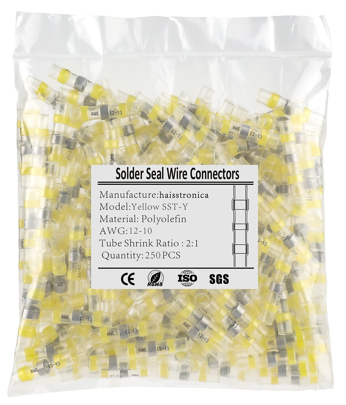 250PCS Yellow Solder Seal Wire Connectors AWG12-10,haisstronica Marine Grade Waterproof Solder Wire Connectors,Heat Shrink Butt Connectors,Insulated Butt Splice Electrical Connectors