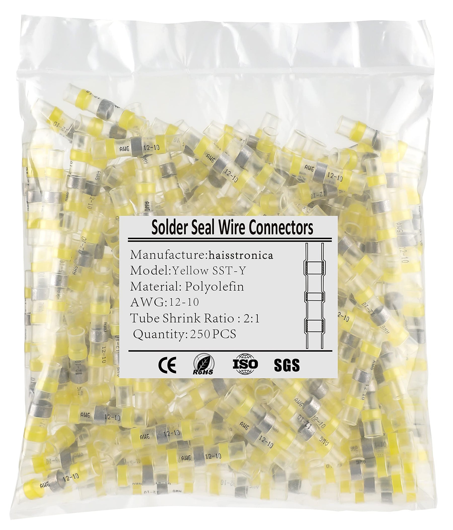 250PCS Yellow Solder Seal Wire Connectors AWG12-10,haisstronica Marine Grade Waterproof Solder Wire Connectors,Heat Shrink Butt Connectors,Insulated Butt Splice Electrical Connectors