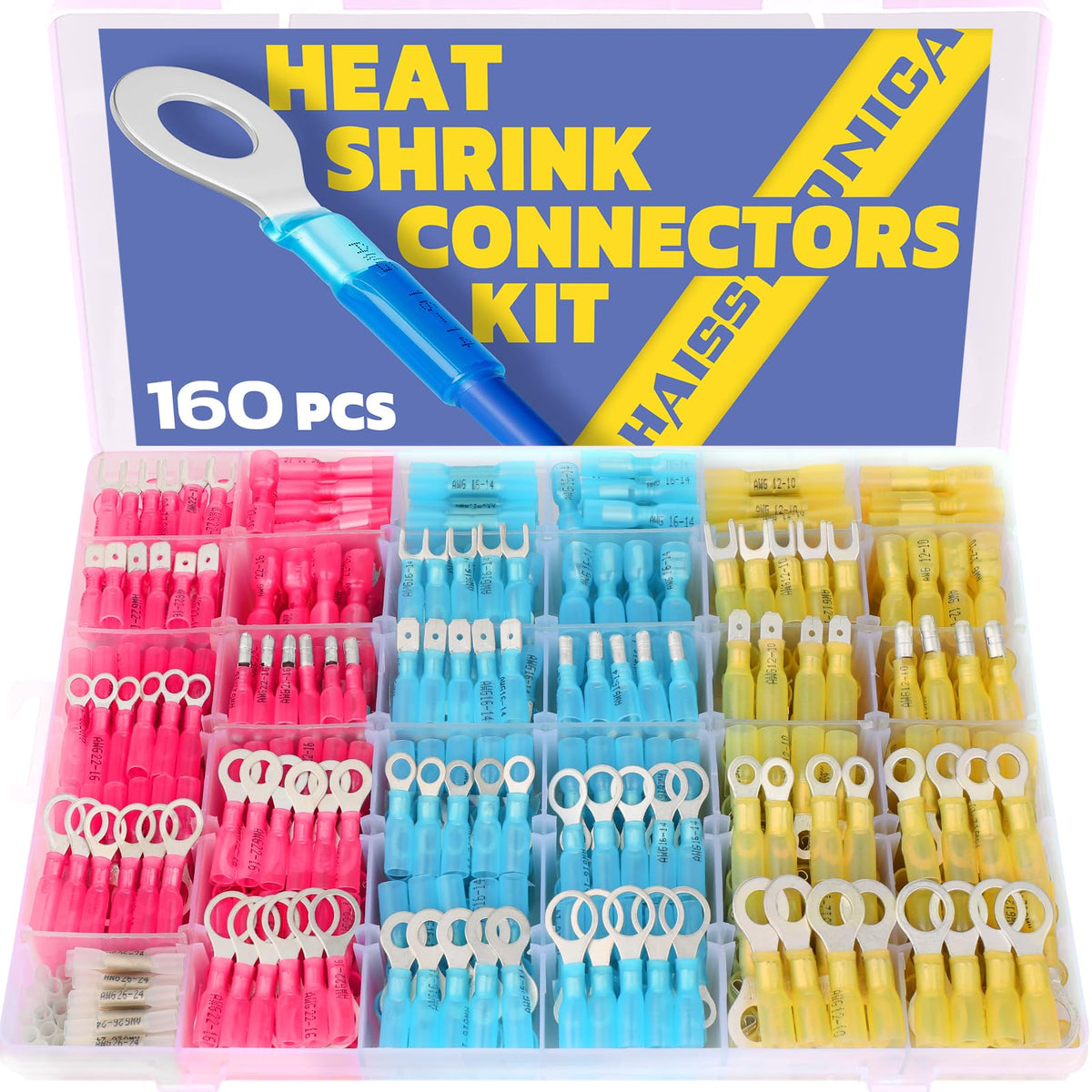 Haisstronica Lot de 160 connecteurs thermorétractables de qualité marine en cuivre rouge étamé, calibre AWG 26-10, cosses à sertir isolées (4 couleurs, 31 tailles)