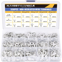 Haisstronica 330PCS non-insulated splice set: Fork#10, Ring#10/1/4’’/5/16’’/3/8’’ terminals (AWG22-10), corrosion-resistant.