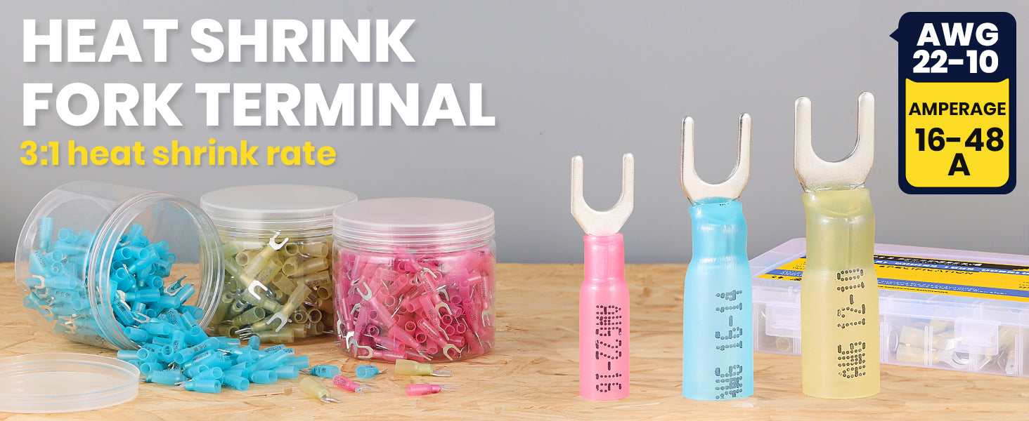 Heat shrink fork terminals assortment with 3:1 shrink ratio, suitable for automotive, marine, and household wiring projects.