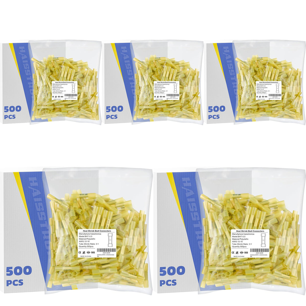 Standard Stock - 5*500PCS 12-10 AWG Yellow Heat Shrink Butt Connectors