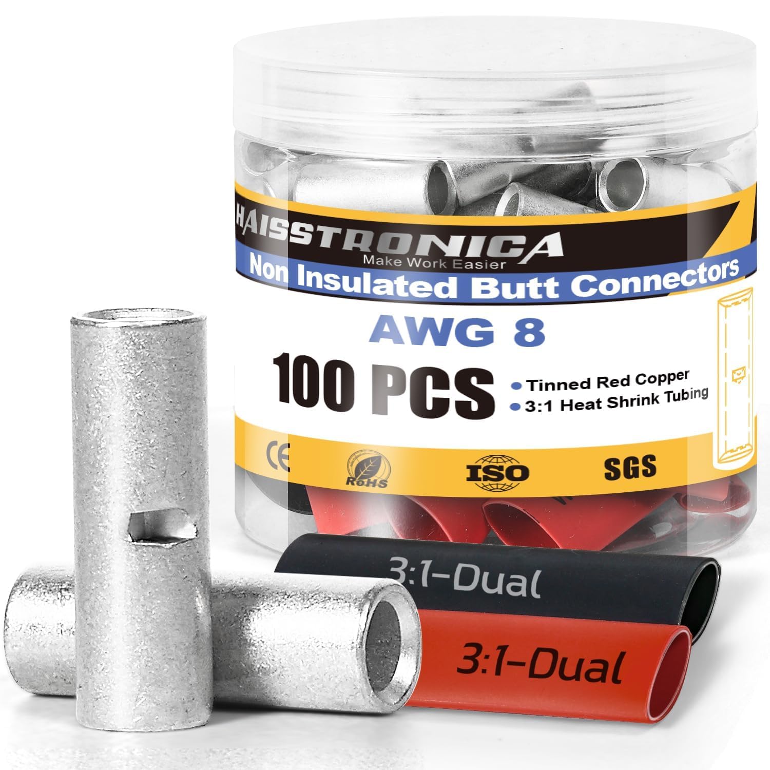 Haisstronica non insulated butt splice connectors: 100pcs AWG8 set with solder-lined heat shrink tubing. ROHS/ISO/SGS.