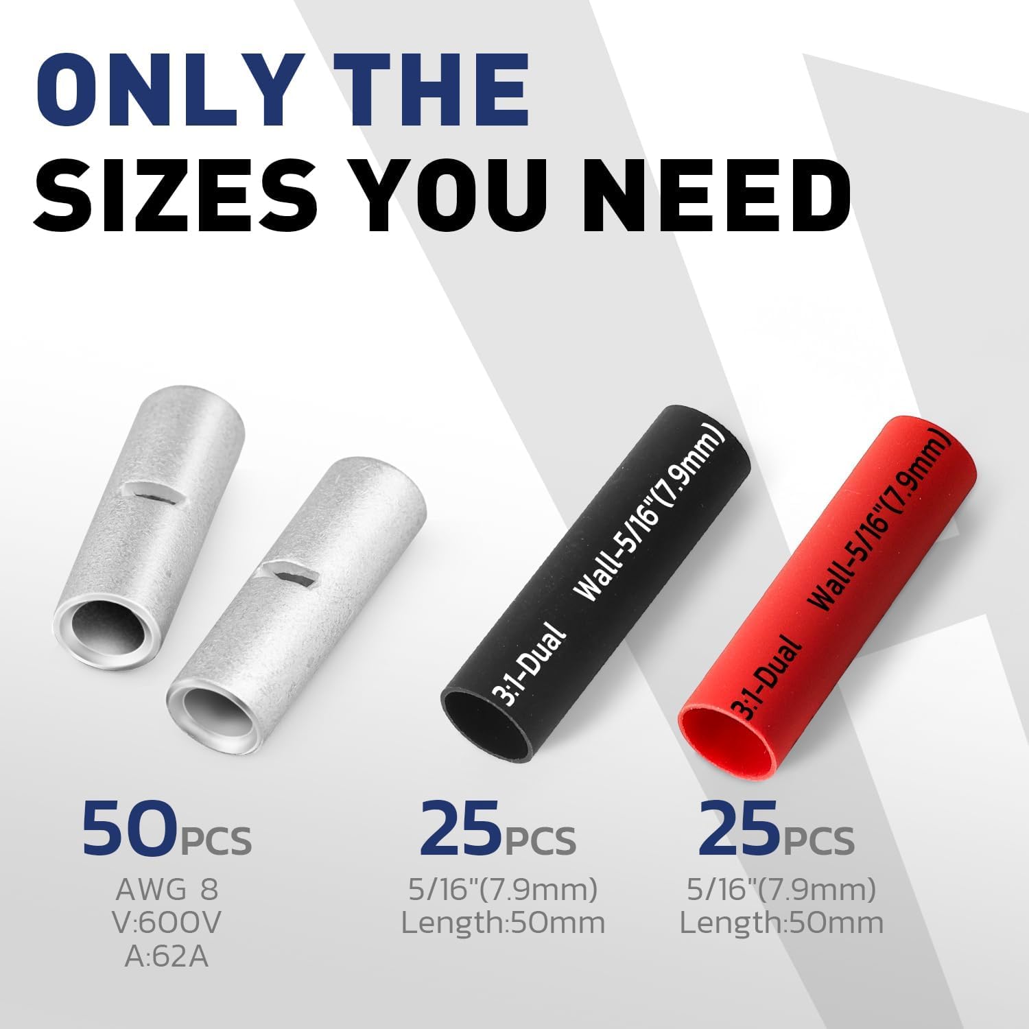 Haisstronica uninsulated butt connectors kit: 50pcs AWG8 (600V/62A) with 50mm dual-wall heat shrink tubing.