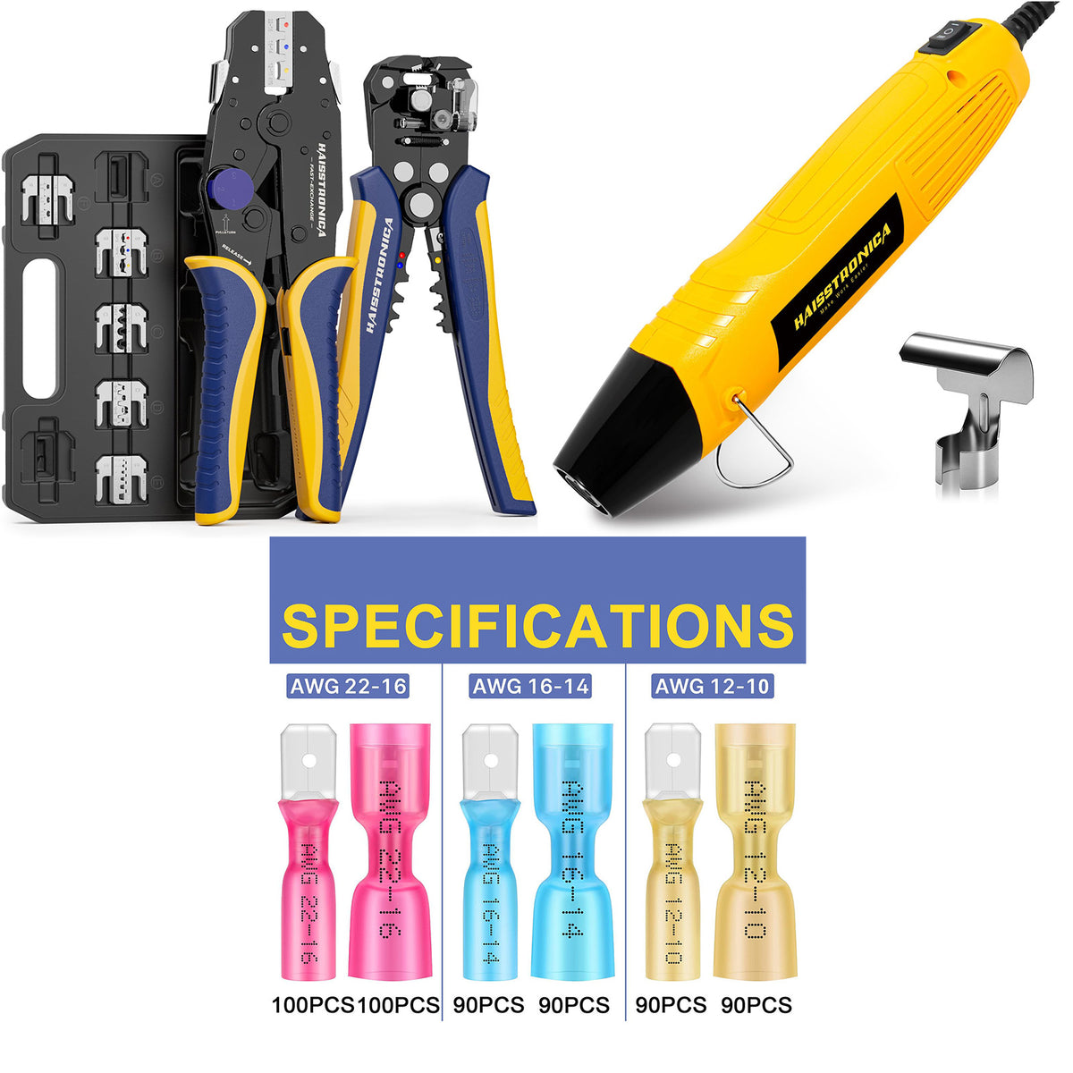 Interchangeable-die crimper, automatic wire stripper and mini heat gun with male and female spade connectors in red, blue and yellow for 22-10 AWG wire.