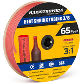Haisstronica red heat shrink tubing (3/8", 65ft) – 3:1 ratio, CE/ISO-certified, and flame-retardant.
