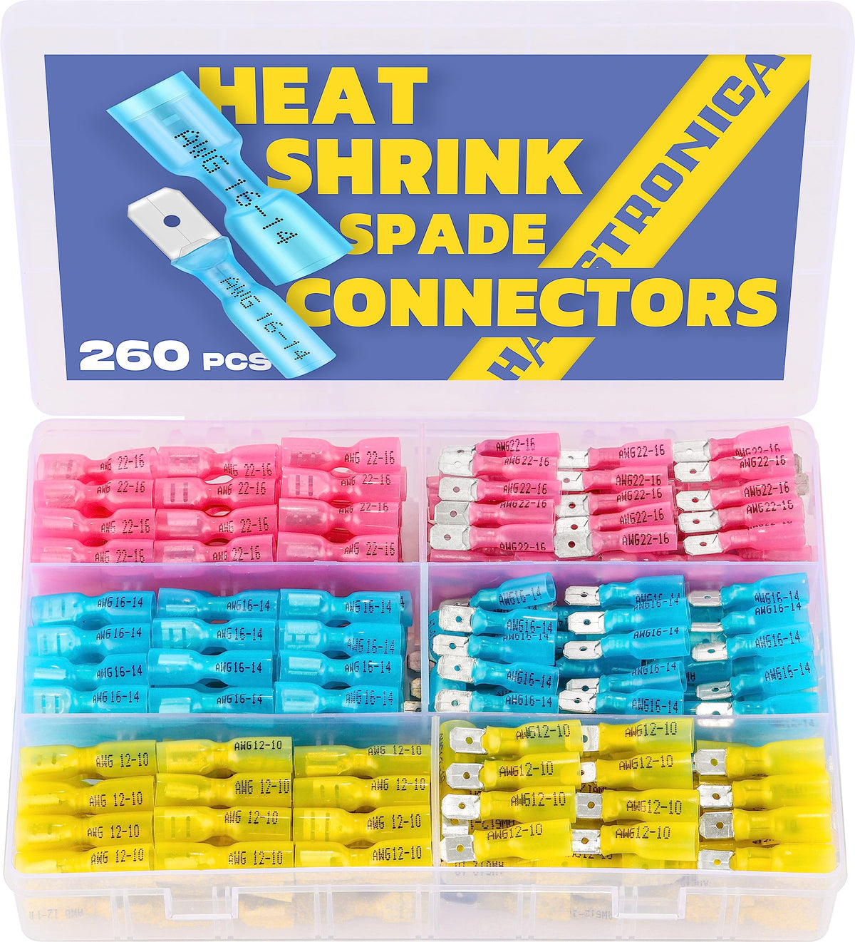 haisstronica 260PCS Heat Shrink Spade Connectors-Electrical Wire Connectors-Quick Disconnect Connectors -Female and Male Spade terminlas for Watercraft,Electronics,Automotive Crimp Connectors