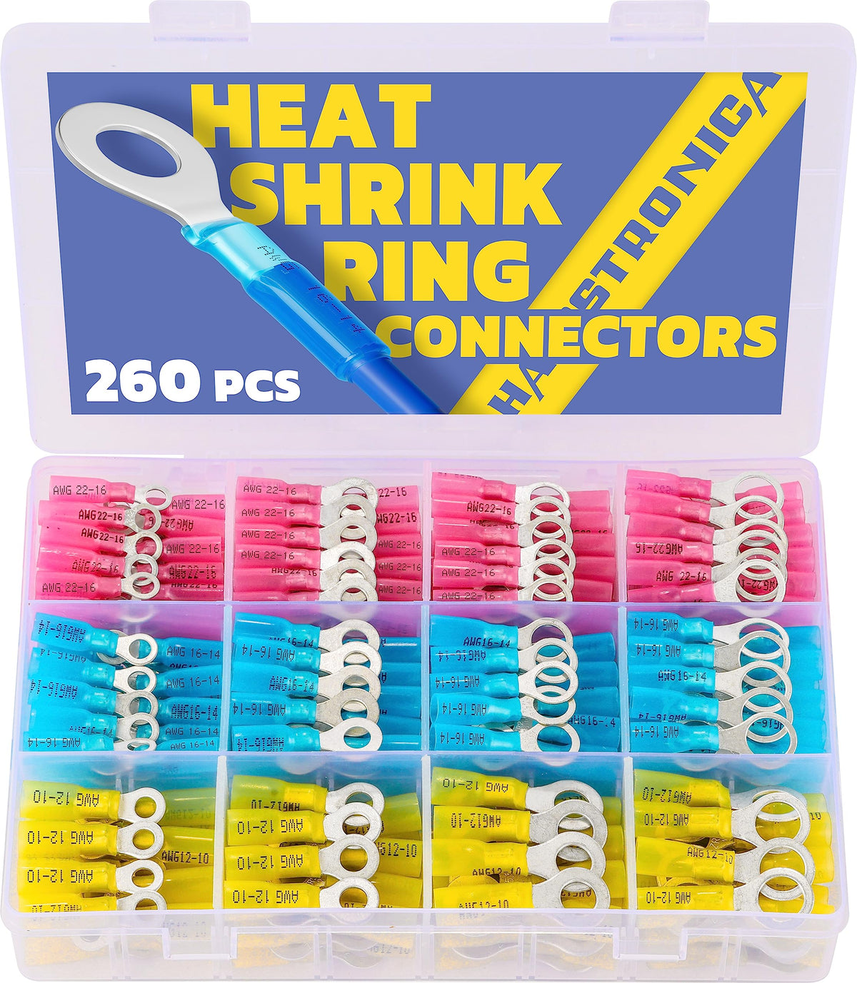 haisstronica 260PCS Marine Grade Heat Shrink Ring Connectors-Heat Shrink Wire Connectors Tinned Red Copper #10,1/4",5/16",3/8"(3Colors/4Sizes),16-14 22-16 12-10 Gauge Insulated Ring Crimp Terminals