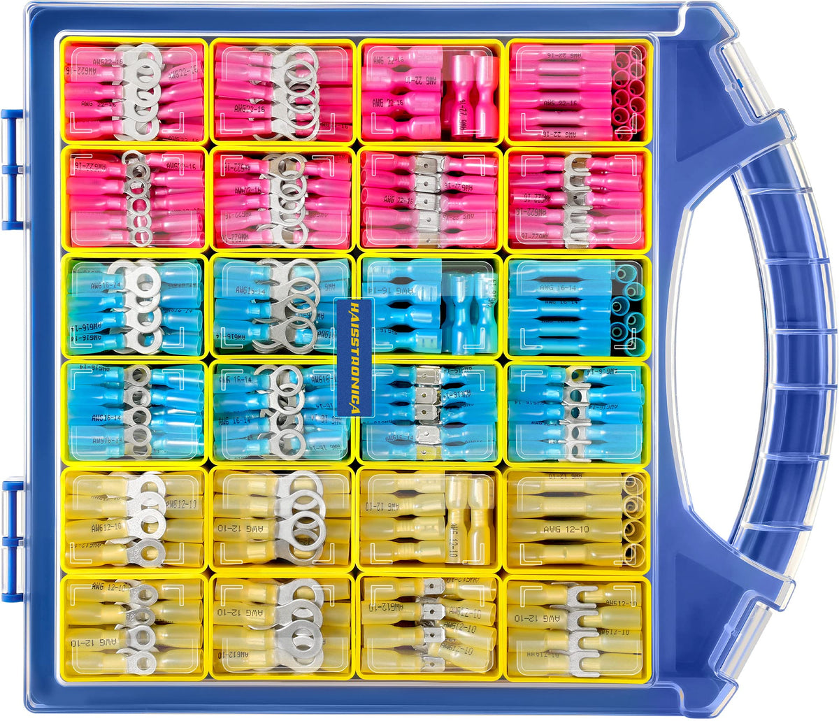 Kit de 620 connecteurs bout à bout thermorétractables de qualité marine Haisstronica, connecteurs de fils électriques en cuivre rouge étamé 22-10 AWG, épissure à fourche et à anneau (3 couleurs/24 tailles)