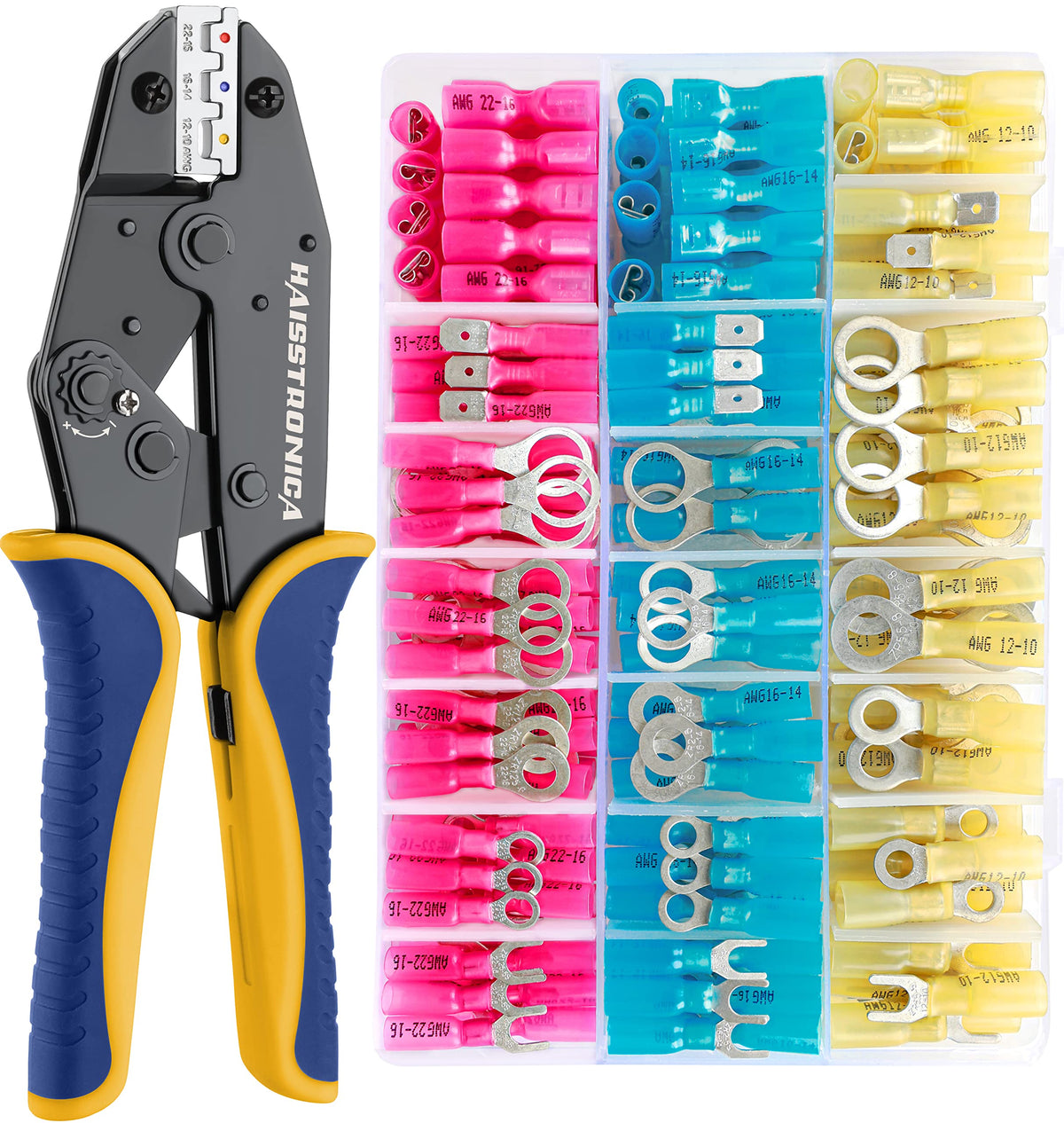 haisstronica Crimping Tool for Heat Shrink Connectors HS-8327 with 280PCS Marine Grade Heat Shrink Wire Connectors,Tinned Red Copper AWG 22-10 Electrical Ring Fork Spade Splice(3Colors/21Size)