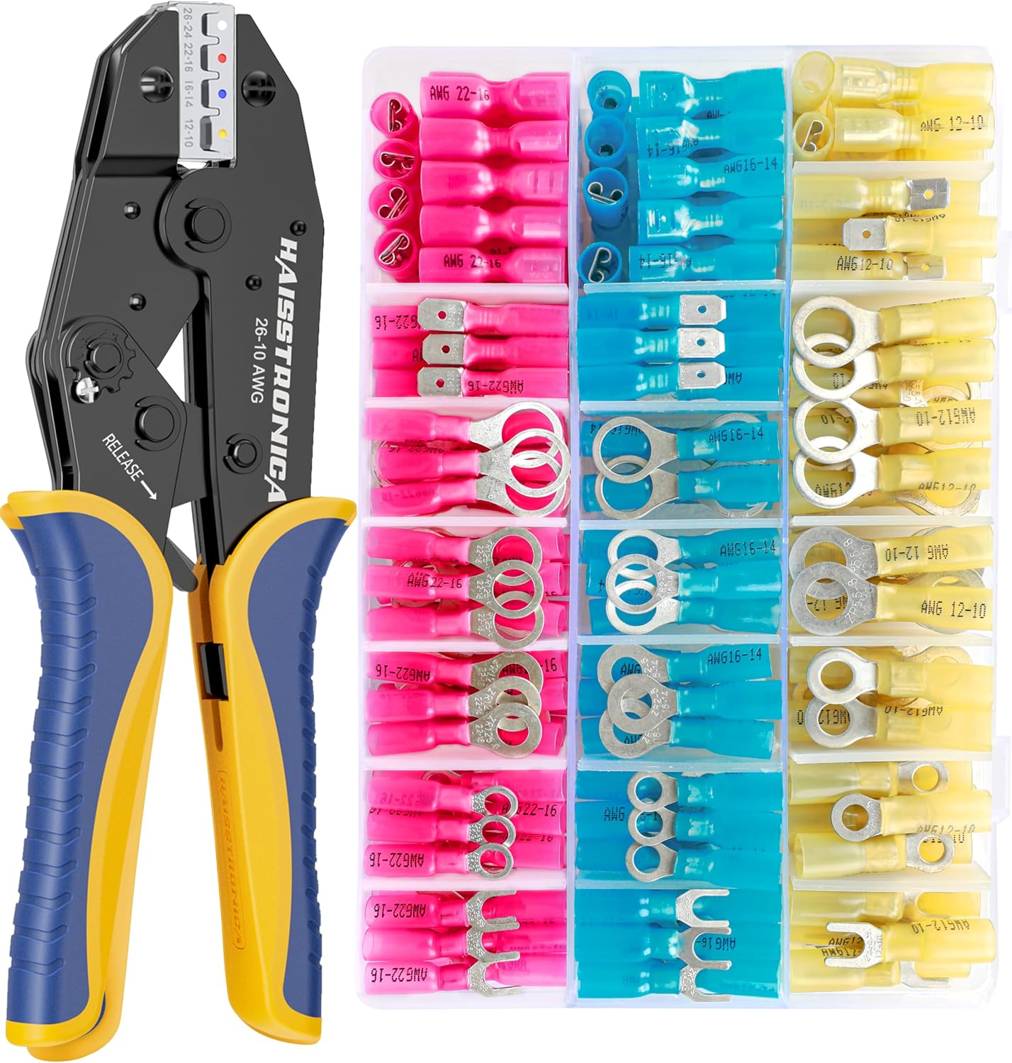 Haisstronica heat shrink wire connectors set, pink/blue/yellow, ring/fork/butt terminals, AWG 12-10.
