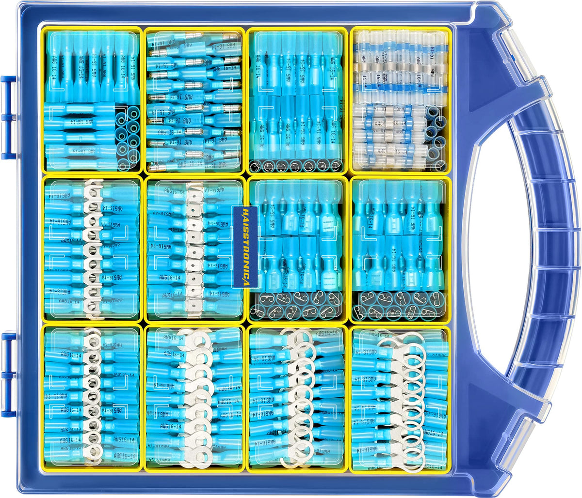 haisstronica 680PCS Blue Heat Shrink Wire Connectors Kit,16-14 Gauge Ring Fork Spade Bullet Solder Butt Connectors (11Type)