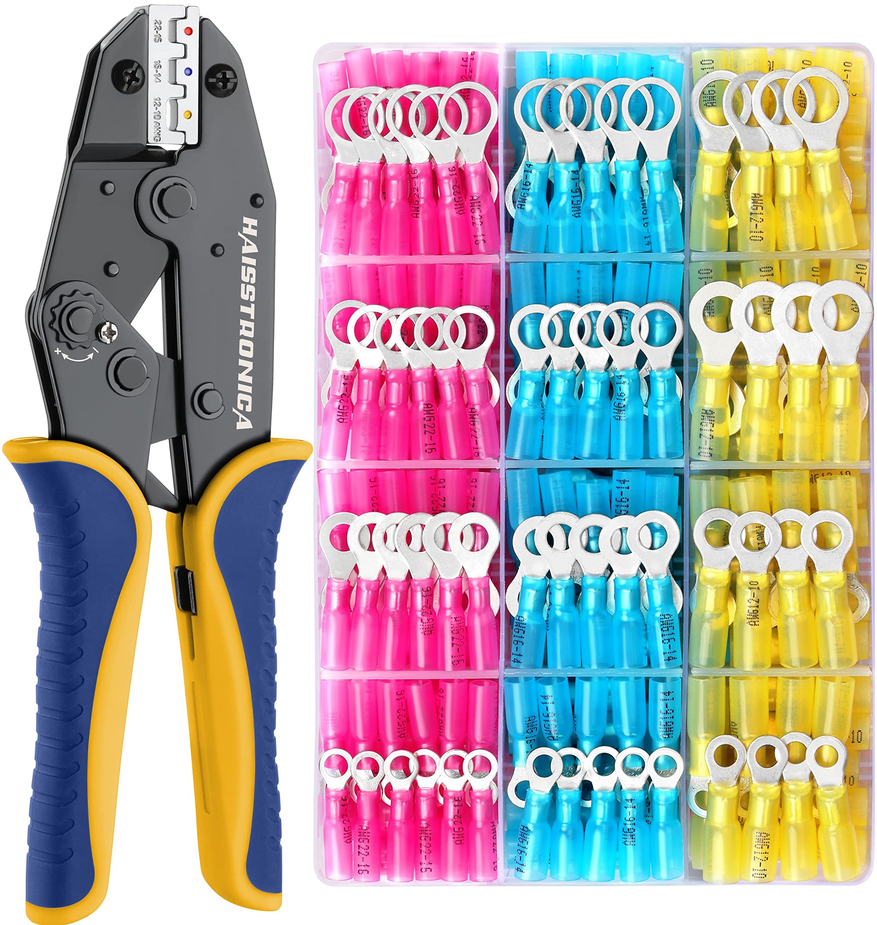 haisstronica Crimping Tool for Heat Shrink Connectors with 260PCS Marine Grade Heat Shrink Ring Connectors of Tinned Red Copper AWG 22-10