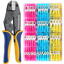 Haisstronica heat shrink wire connectors set, pink/blue/yellow, ring/fork/butt terminals, AWG 12-10.