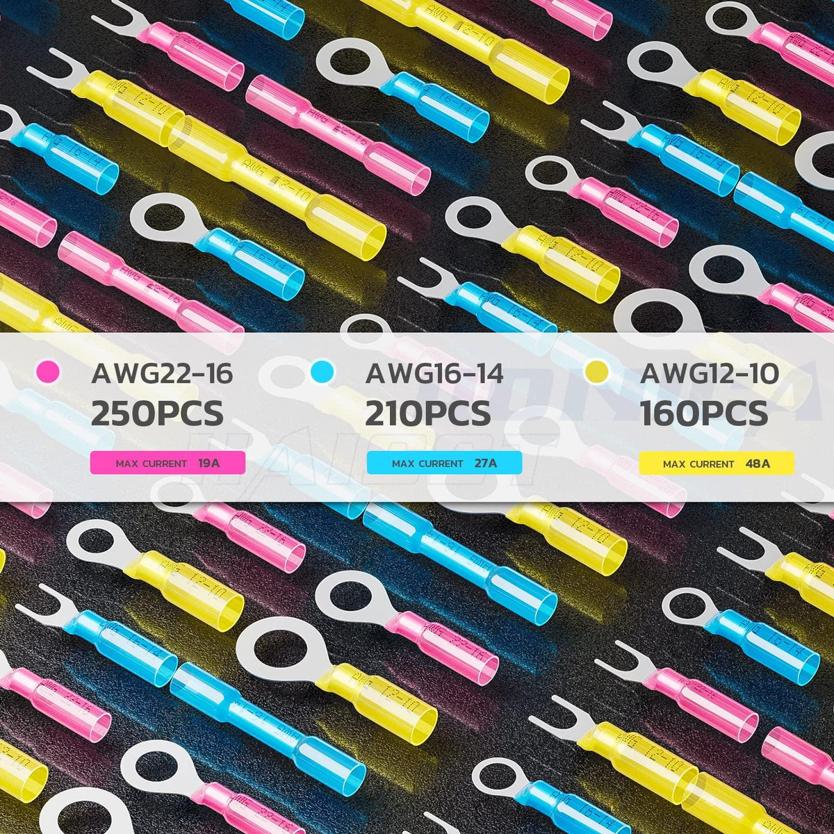 Haisstronica heat shrink crimp terminals rated up to 48A, ideal for high-current automotive and marine applications.