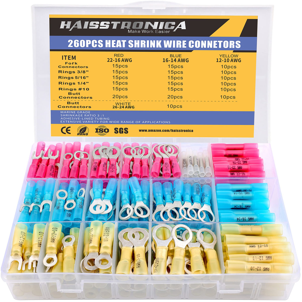 haisstronica 260PCS Heat Shrink Wire Connectors-Marine Grade Heat Shrink Butt Connectors-Electrical Connectors Kit of Tinned Red Copper,AWG 26-10 Crimp Insulated Ring Fork Butt Splice(4Colors/19Size)