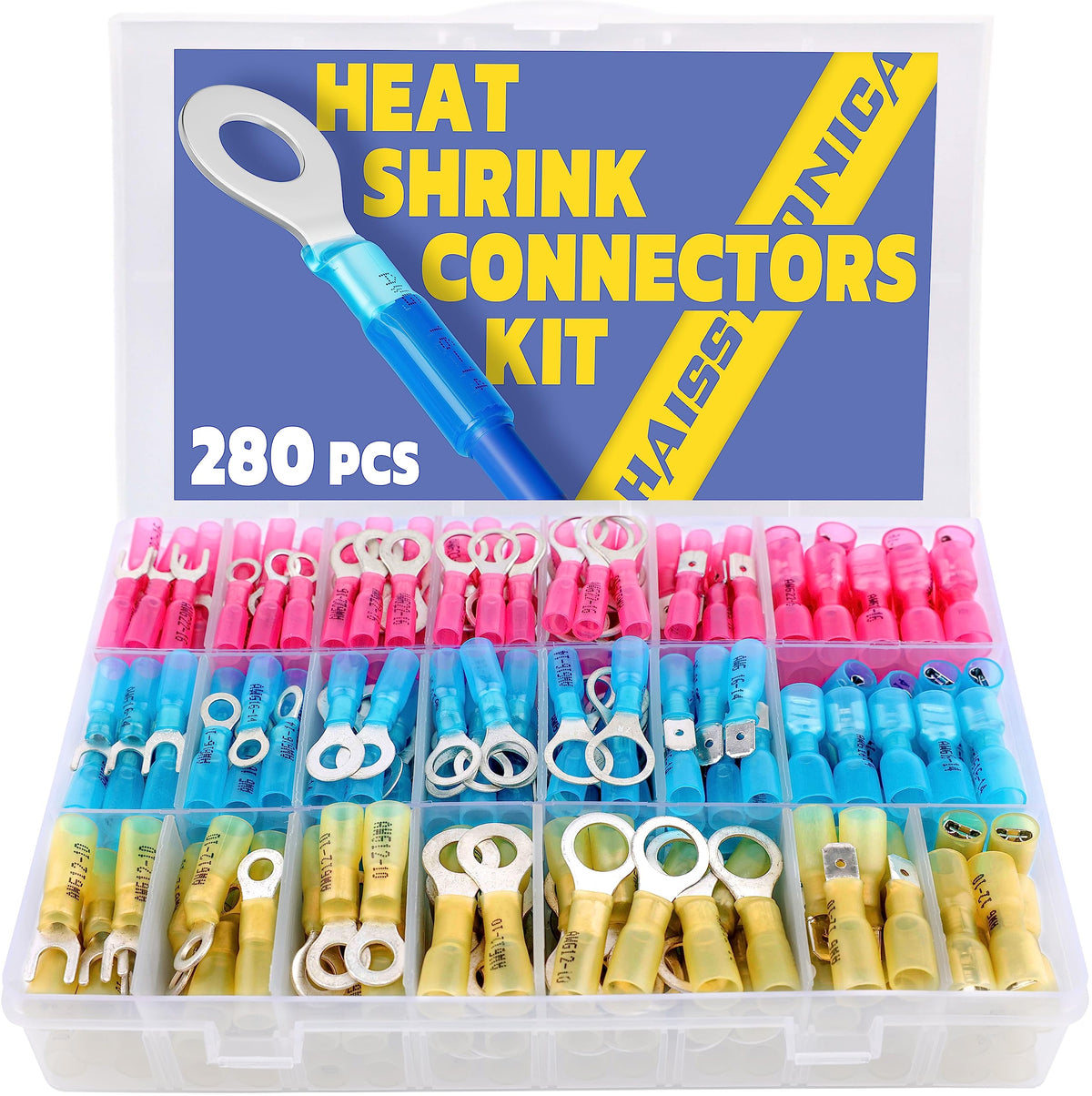 haisstronica 280PCS Marine Grade Heat Shrink Wire Connectors-Electrical Connectors Kit of Tinned Red Copper,Crimp Insulated Ring Fork Spade Butt Splice(3Colors/21Size) 16-14 22-16 12-10 Gauge