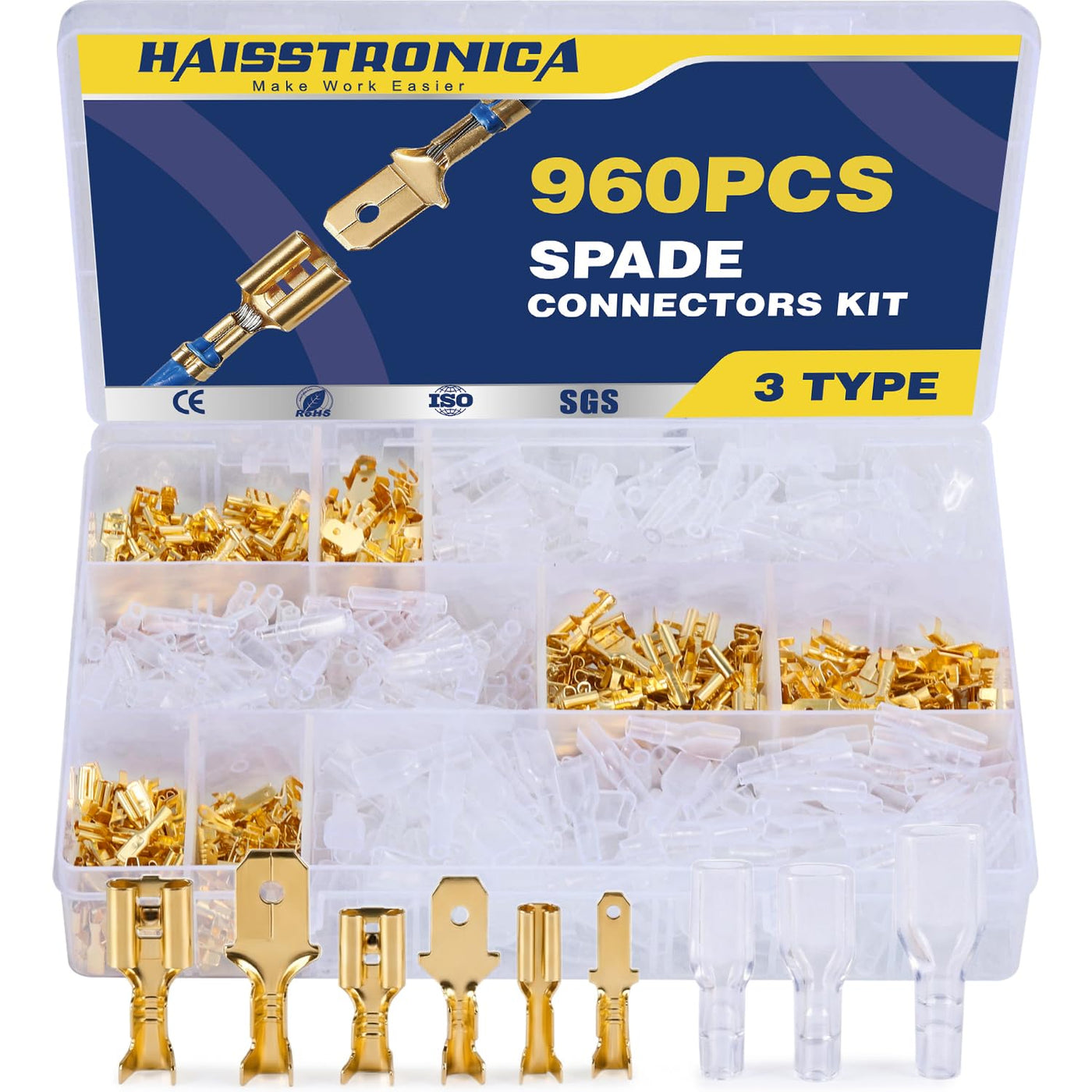 Open terminal crimper set: 960pcs spade connectors kit in organizer with brass terminals and clear insulating sleeves.