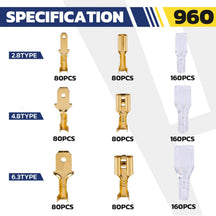 Open barrel terminal connectors spec sheet listing 2.8/4.8/6.3 types, counts per size, plus matching clear sleeves.