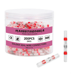 Red HAISSTRONICA wire splice solder connectors in clear jar with one sleeve enlarged to highlight AWG range markings