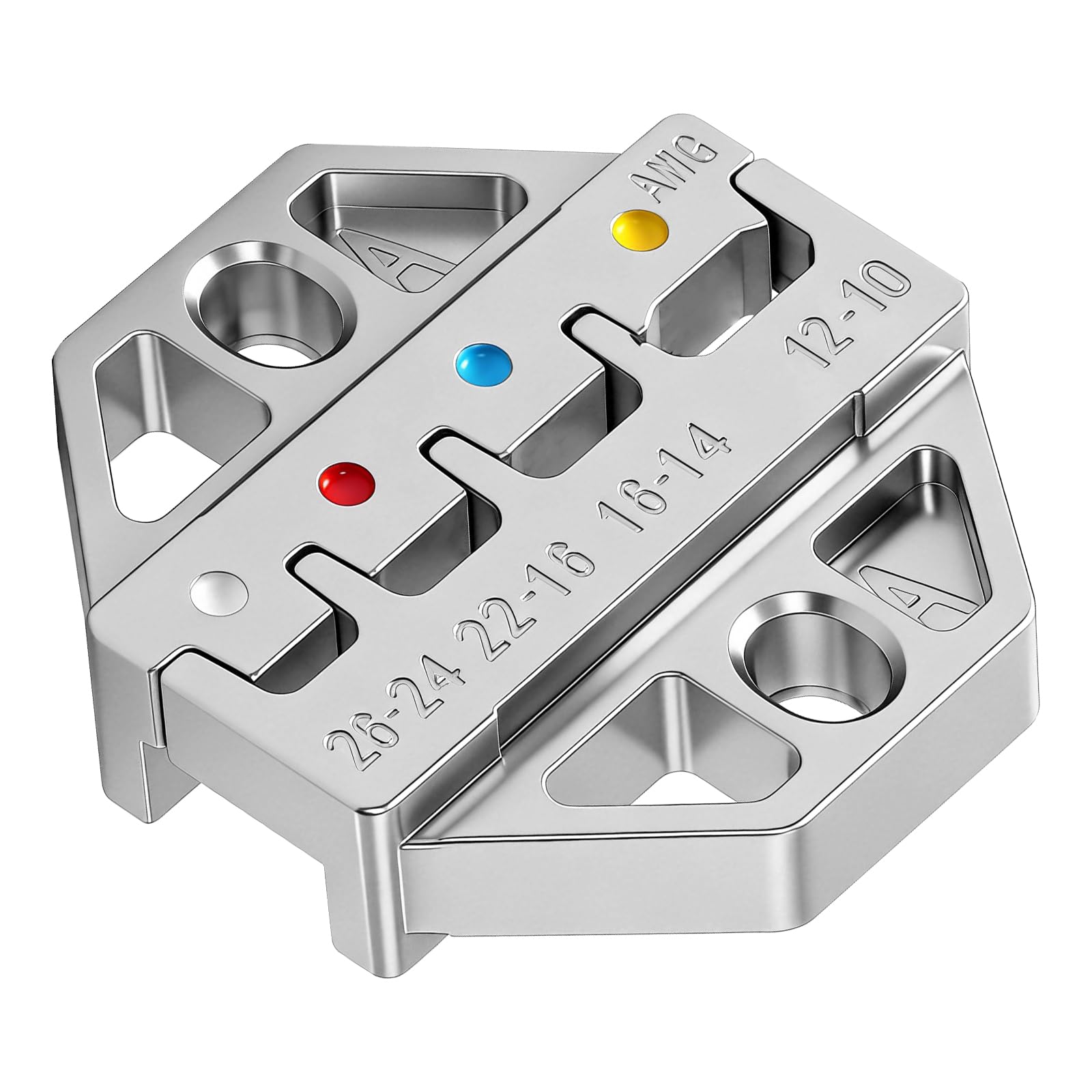 Haisstronica crimping die with 2 fix screws for ratcheting crimping tools, compatible with AWG 23-10 terminals.