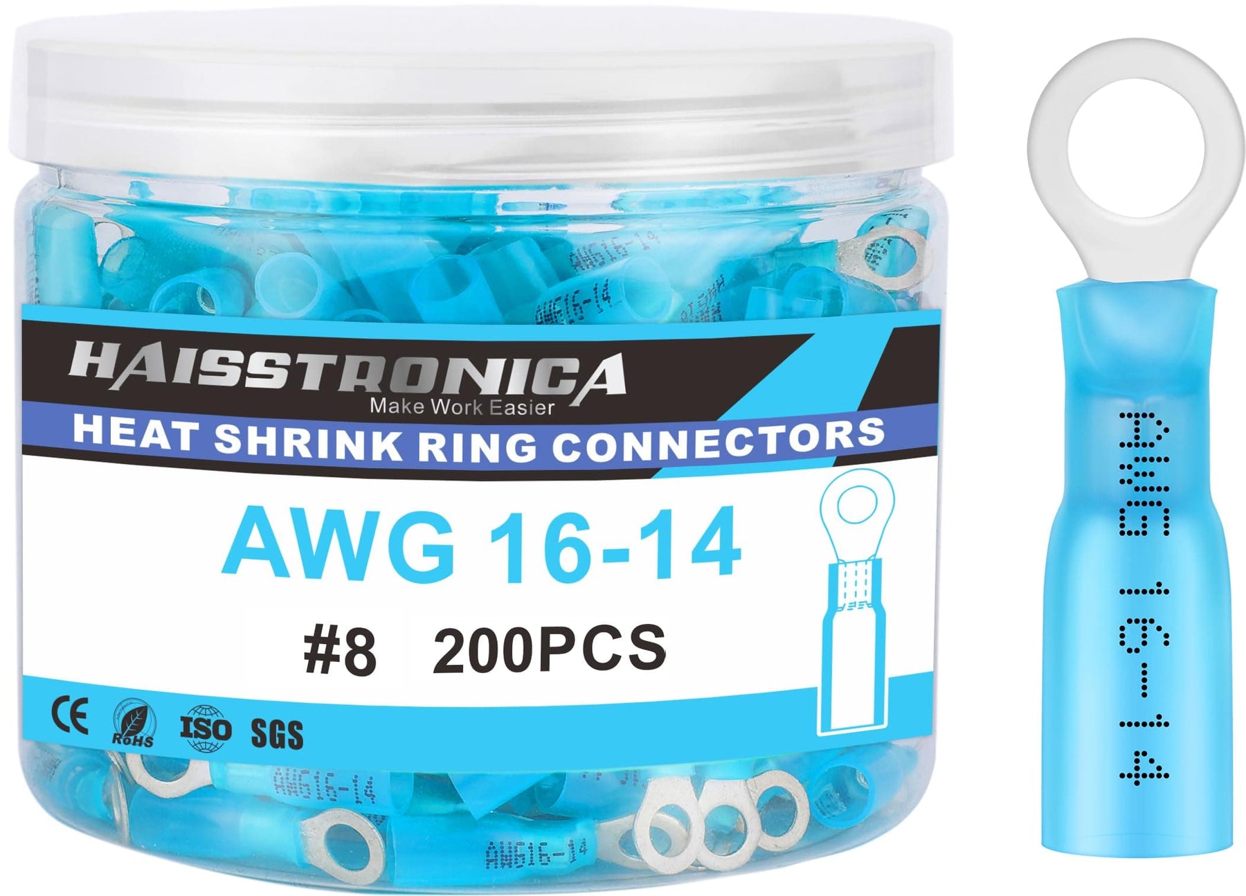 Heat Shrink Wire Connectors Ring Terminals 80/100/150/200PCS AWG 22-10 #10, 1/4", 5/16", 3/8" - (Bottlte)
