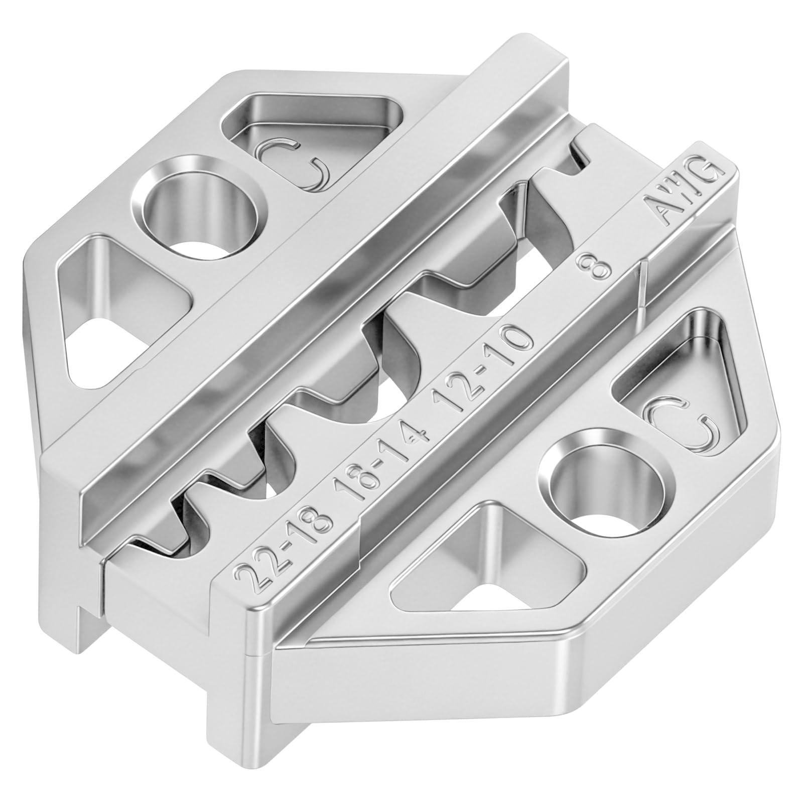 Haisstronica crimper dies for AWG 23-14 terminals, ideal for non-insulated connectors in tight spaces.