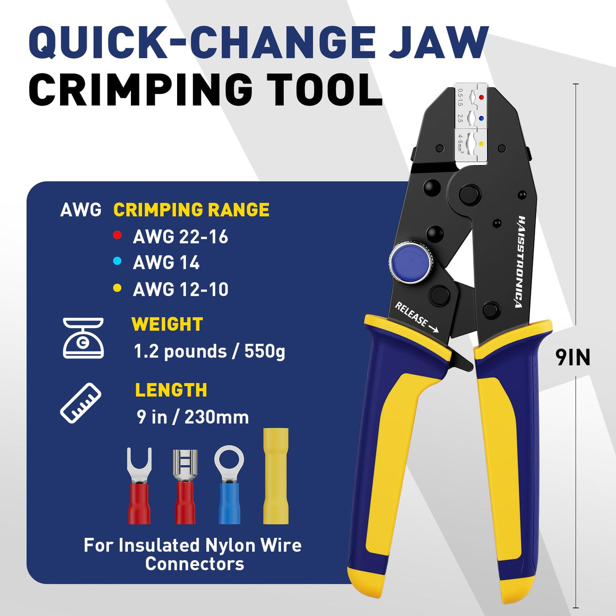 Product sheet highlights crimping terminal connectors with quick-change dies, broad AWG coverage, ergonomic handles, and icons for compatible insulated styles.