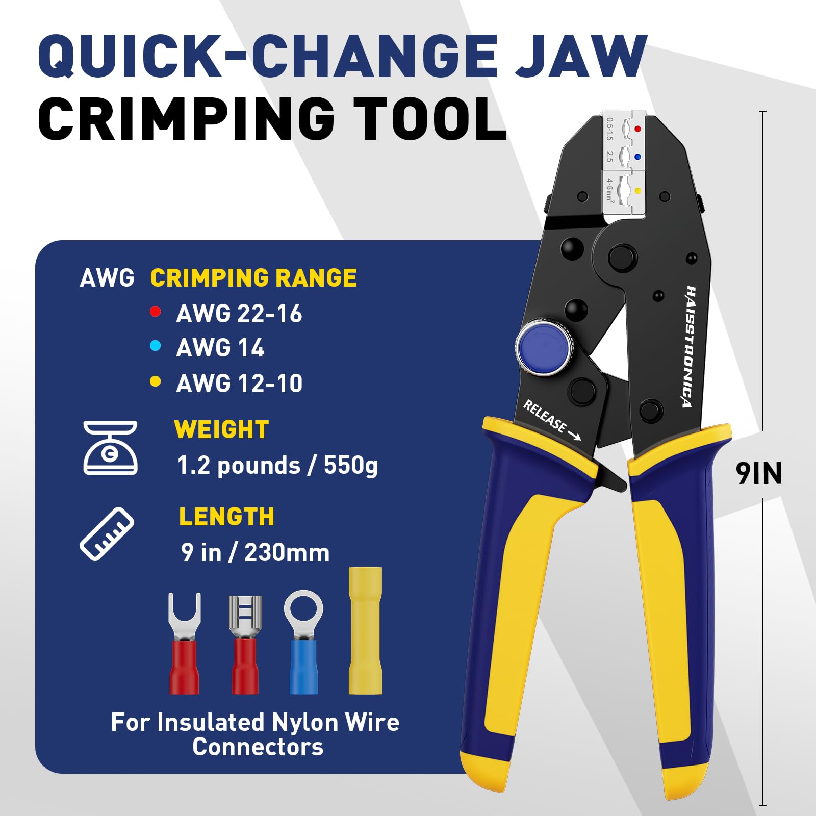 AWG 22-10 熱収縮コネクタ用ラチェット式ワイヤ端子圧着工具