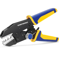 Electrician crimping wires at a panel uses a ratcheting tool, giving a thumbs up to show secure connections and dependable results on site.