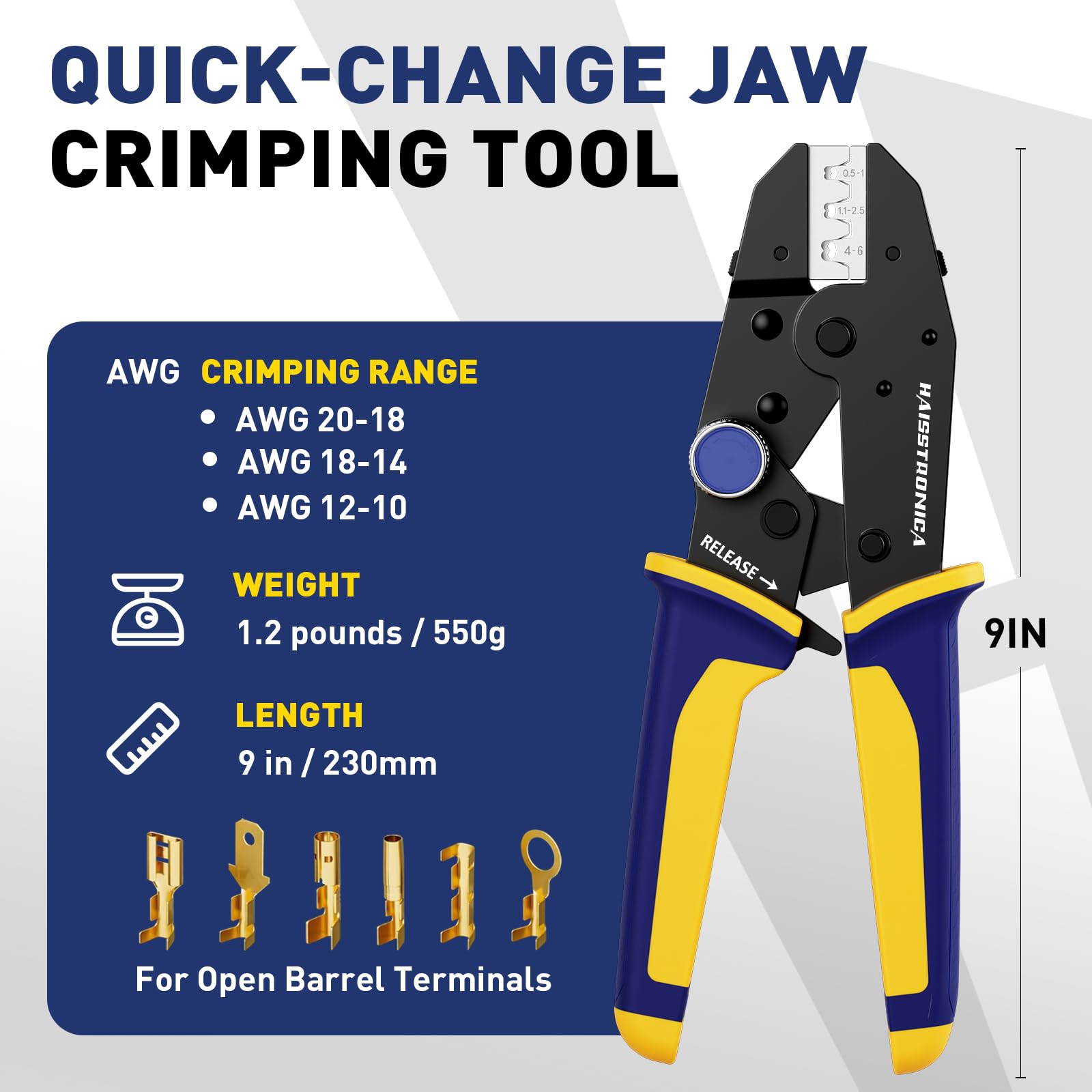 Quick Change Jaws Crimping Tool for Open Barrel Terminals AWG 20-10