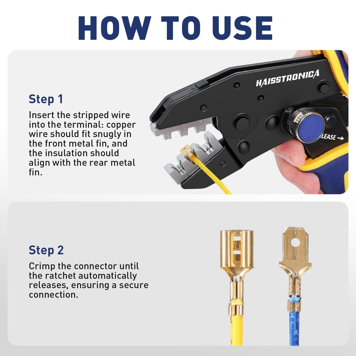 How to graphic for cable crimper on open barrel terminals; insert stripped wire, align fins, crimp until ratchet releases for firm connection.